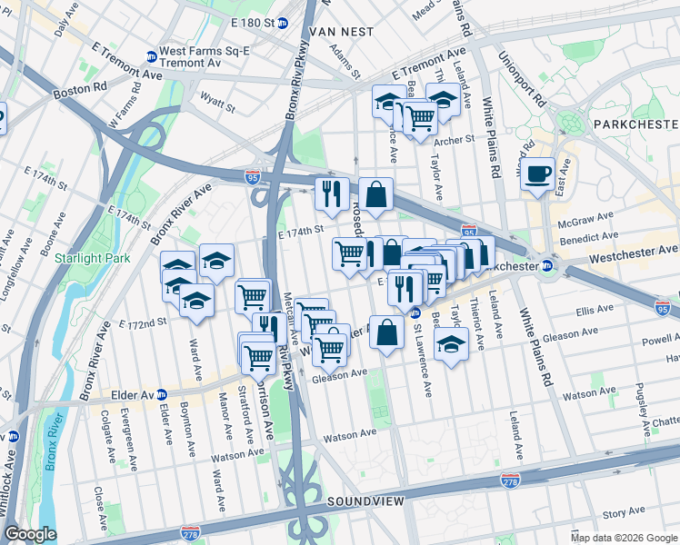 map of restaurants, bars, coffee shops, grocery stores, and more near 1320 Noble Avenue in The Bronx