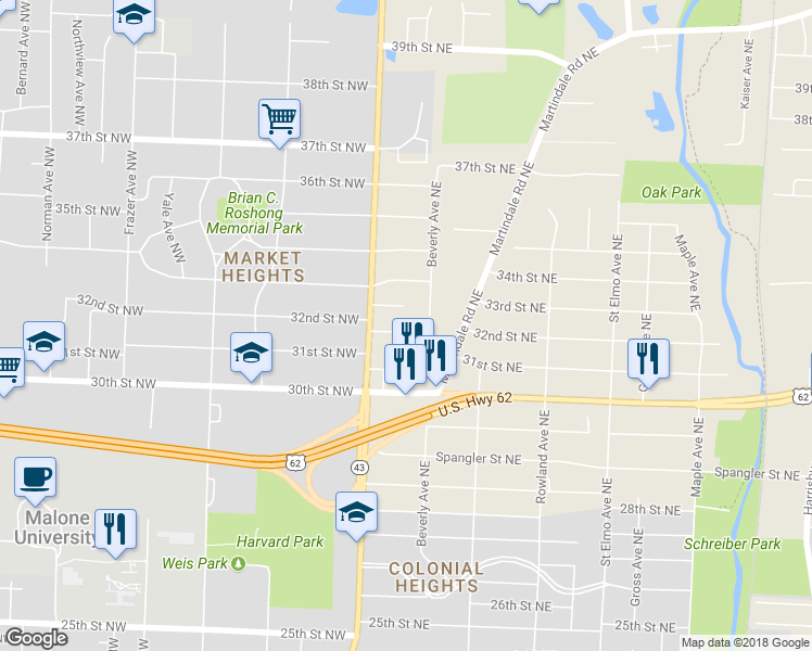 map of restaurants, bars, coffee shops, grocery stores, and more near 713 32nd Street Northeast in Canton