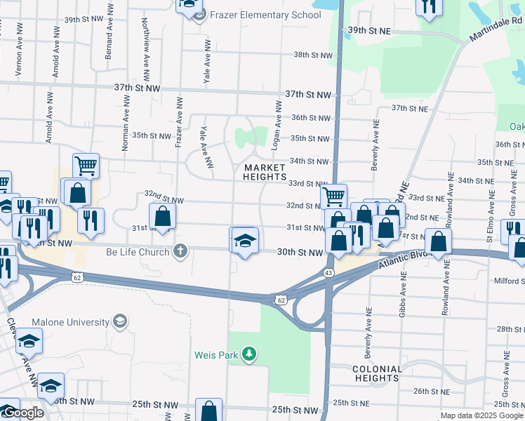 map of restaurants, bars, coffee shops, grocery stores, and more near 3122 Logan Avenue Northwest in Canton