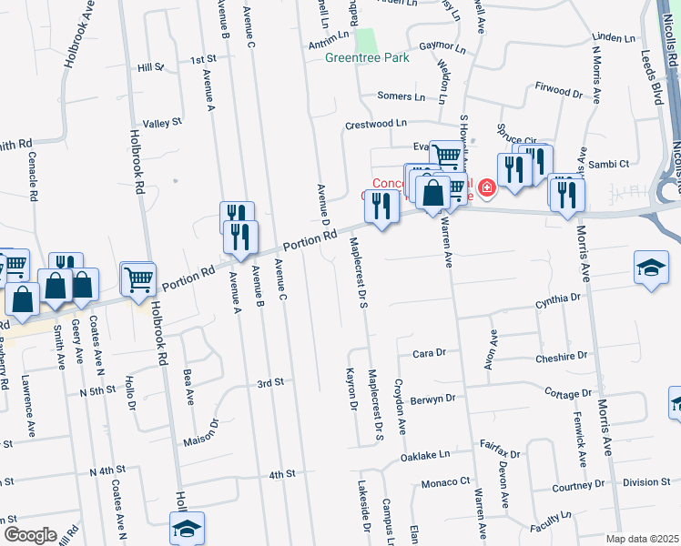 map of restaurants, bars, coffee shops, grocery stores, and more near 29 University Drive in Ronkonkoma