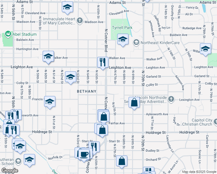 map of restaurants, bars, coffee shops, grocery stores, and more near 6601 Colby Street in Lincoln