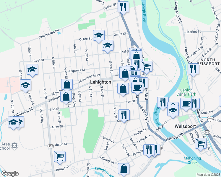 map of restaurants, bars, coffee shops, grocery stores, and more near 136 South 3rd Street in Lehighton