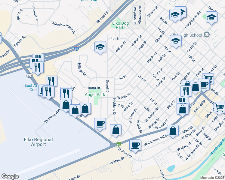 map of restaurants, bars, coffee shops, grocery stores, and more near 1197 Highland Drive in Elko