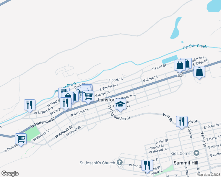 map of restaurants, bars, coffee shops, grocery stores, and more near 121 E Ridge St in Lansford