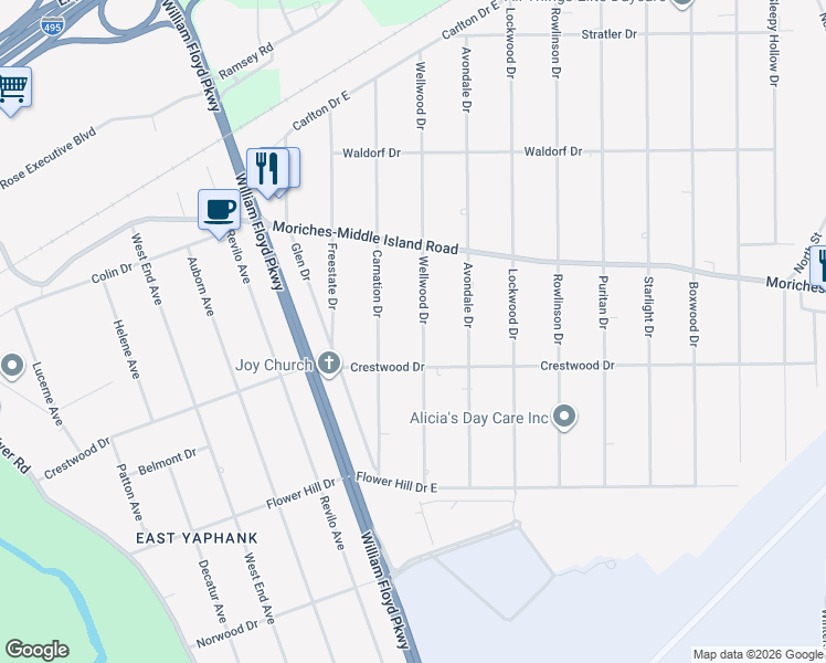 map of restaurants, bars, coffee shops, grocery stores, and more near 383 Wellwood Drive in Shirley