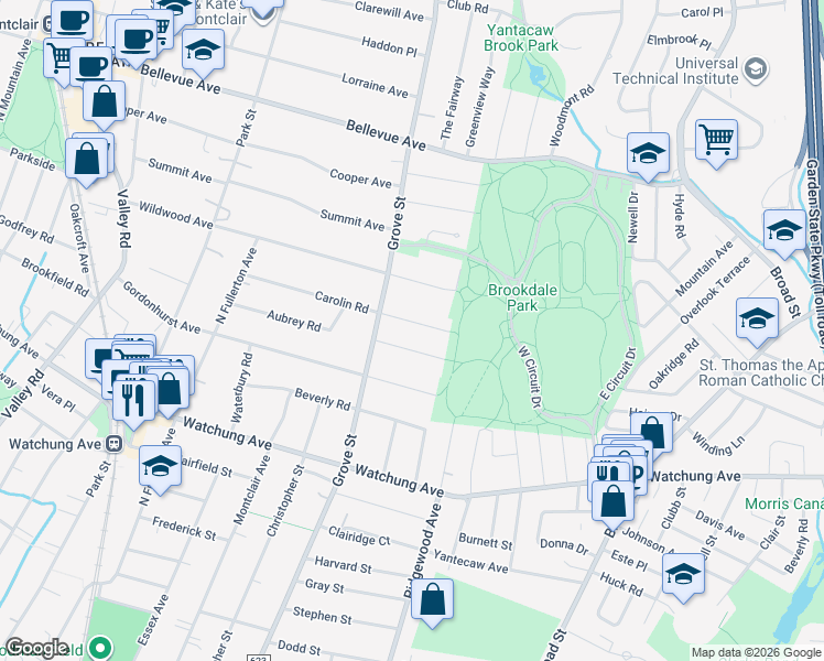 map of restaurants, bars, coffee shops, grocery stores, and more near 7 Chester Road in Montclair