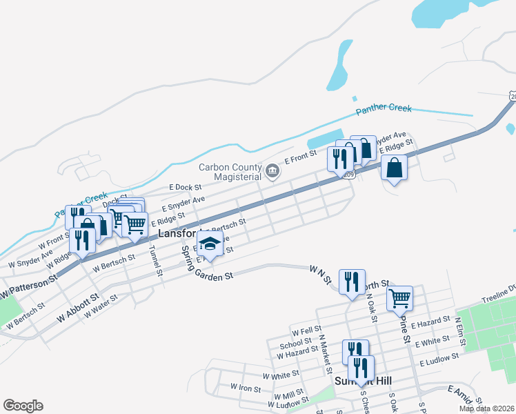 map of restaurants, bars, coffee shops, grocery stores, and more near 328 East Patterson Street in Lansford