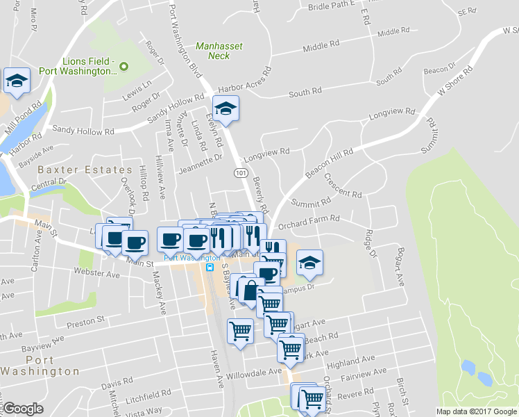 map of restaurants, bars, coffee shops, grocery stores, and more near 4 Beverly Road in Port Washington