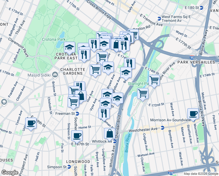 map of restaurants, bars, coffee shops, grocery stores, and more near 984 East 172nd Street in Bronx