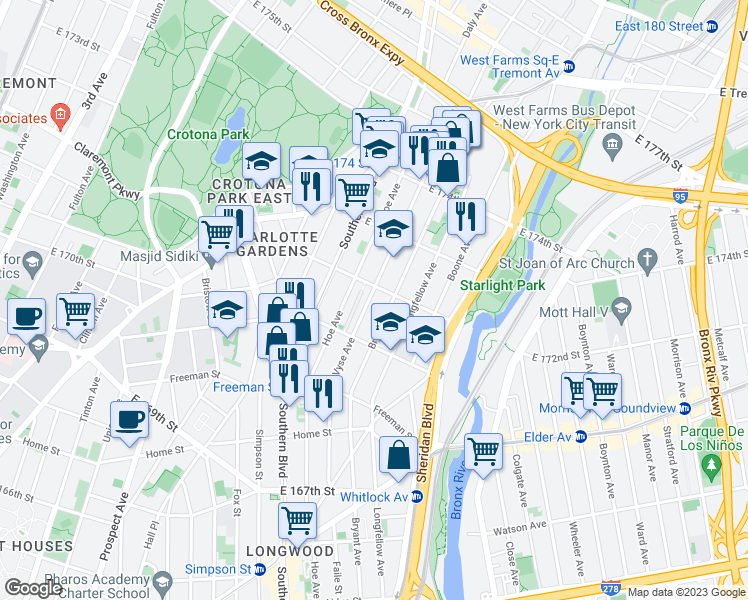 map of restaurants, bars, coffee shops, grocery stores, and more near 1498 Vyse Avenue in The Bronx