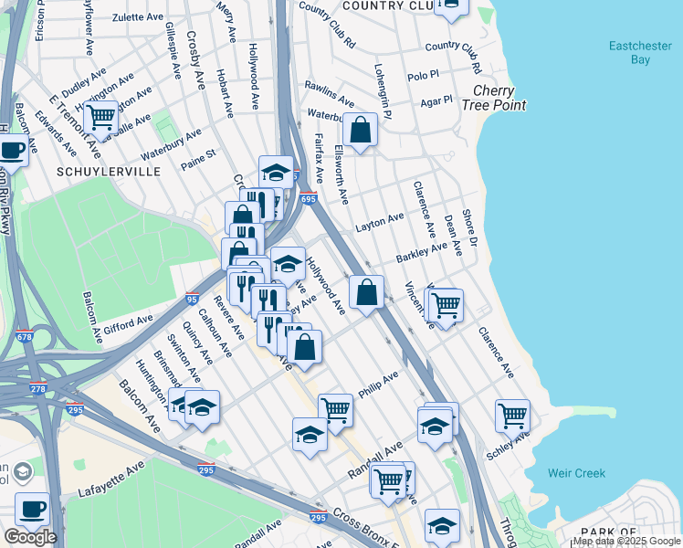 map of restaurants, bars, coffee shops, grocery stores, and more near 3065 Barkley Avenue in The Bronx