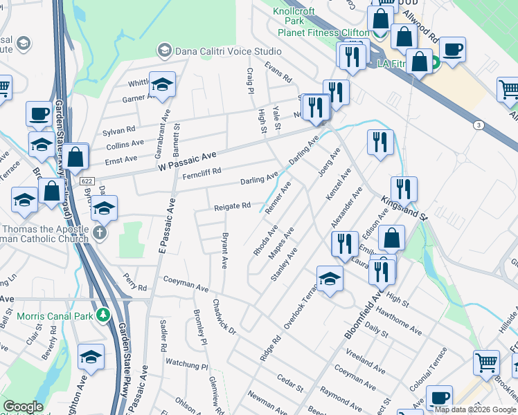 map of restaurants, bars, coffee shops, grocery stores, and more near 18 Reigate Road in Bloomfield