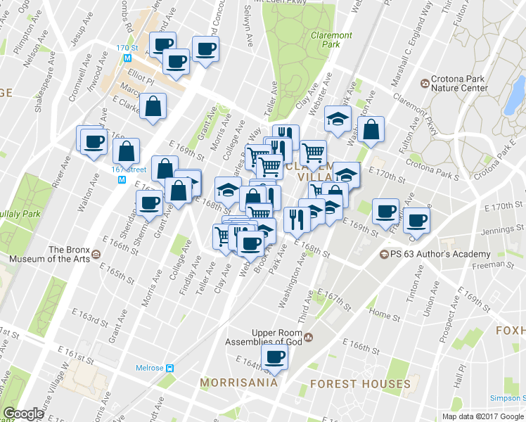 map of restaurants, bars, coffee shops, grocery stores, and more near 1239 Webster Avenue in Bronx