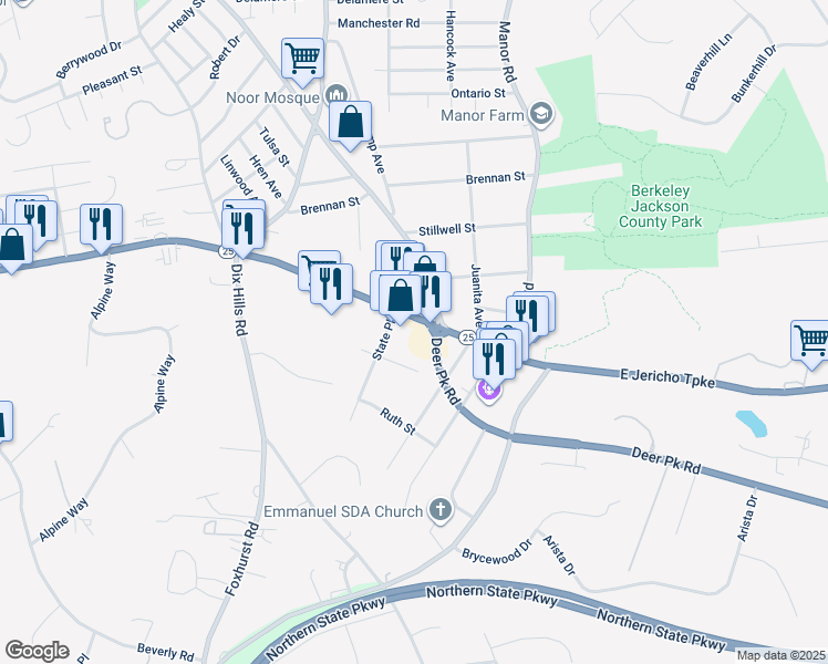 map of restaurants, bars, coffee shops, grocery stores, and more near 1206 East Jericho Turnpike in Huntington