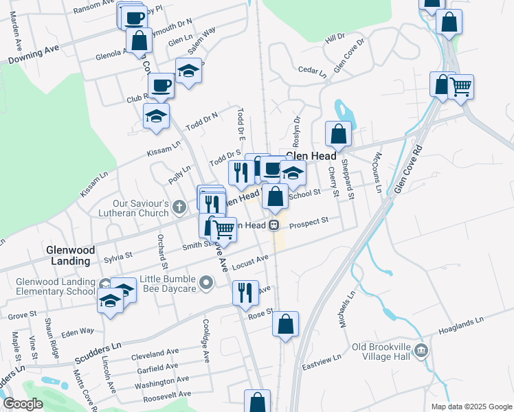 map of restaurants, bars, coffee shops, grocery stores, and more near 2 Oaklawn Avenue in Glen Head