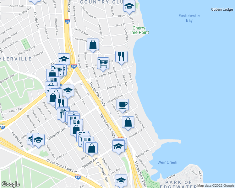 map of restaurants, bars, coffee shops, grocery stores, and more near in The Bronx