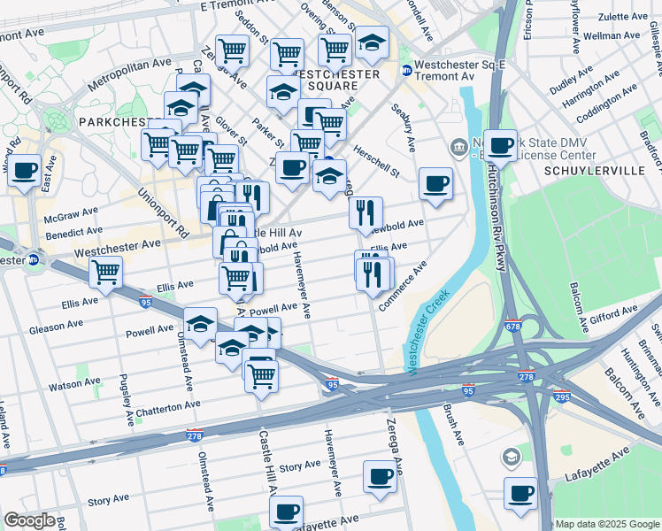map of restaurants, bars, coffee shops, grocery stores, and more near 2338 Ellis Avenue in Bronx