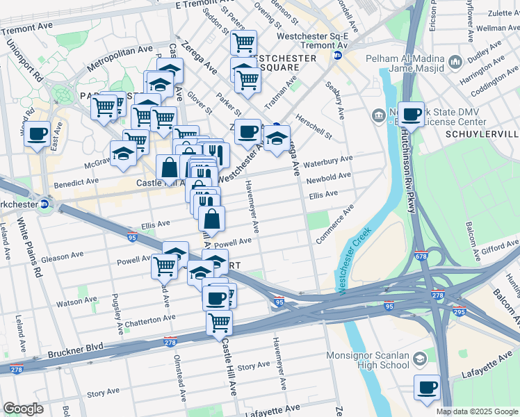 map of restaurants, bars, coffee shops, grocery stores, and more near 1218 Havemeyer Avenue in The Bronx