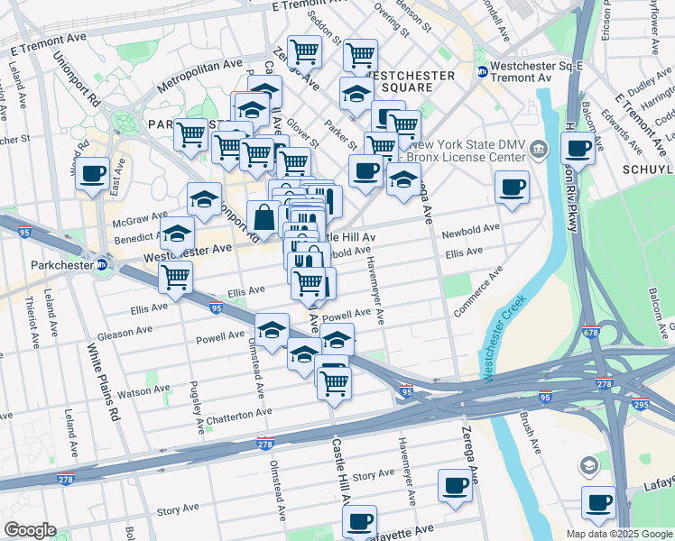 map of restaurants, bars, coffee shops, grocery stores, and more near 2247 Ellis Avenue in Bronx