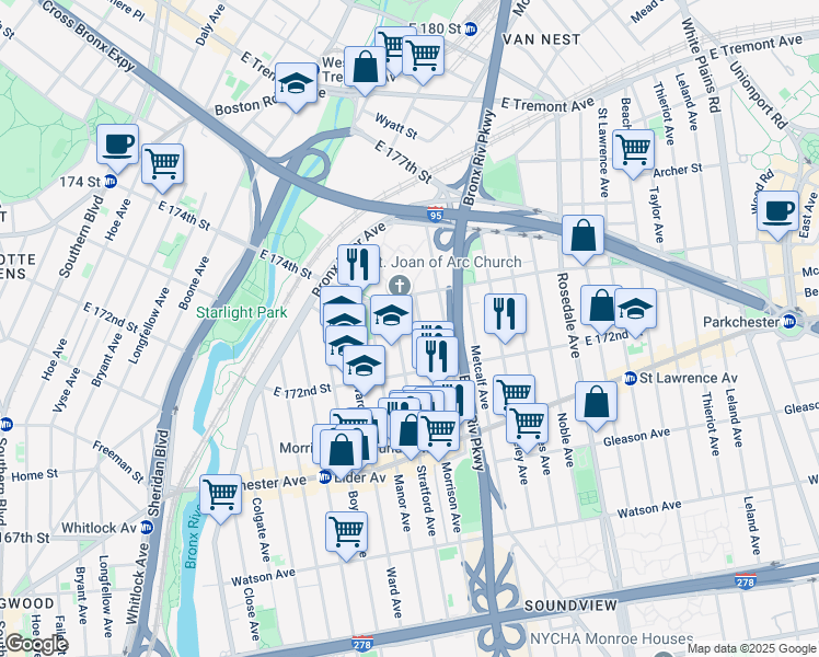 map of restaurants, bars, coffee shops, grocery stores, and more near 1349 Stratford Avenue in The Bronx