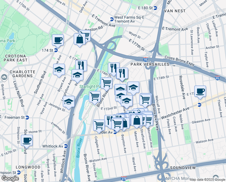 map of restaurants, bars, coffee shops, grocery stores, and more near 1353 Boynton Avenue in Bronx