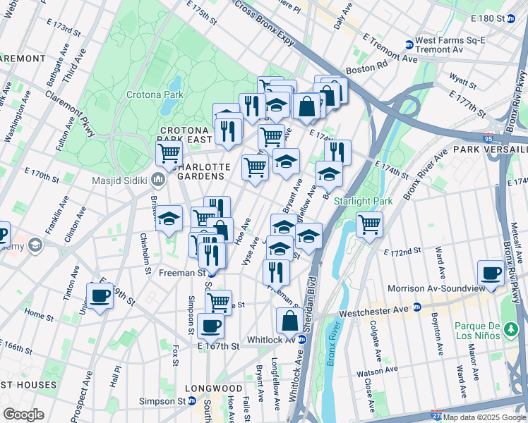 map of restaurants, bars, coffee shops, grocery stores, and more near in The Bronx