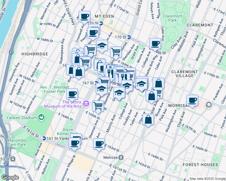 map of restaurants, bars, coffee shops, grocery stores, and more near 1179 Grant Avenue in Bronx