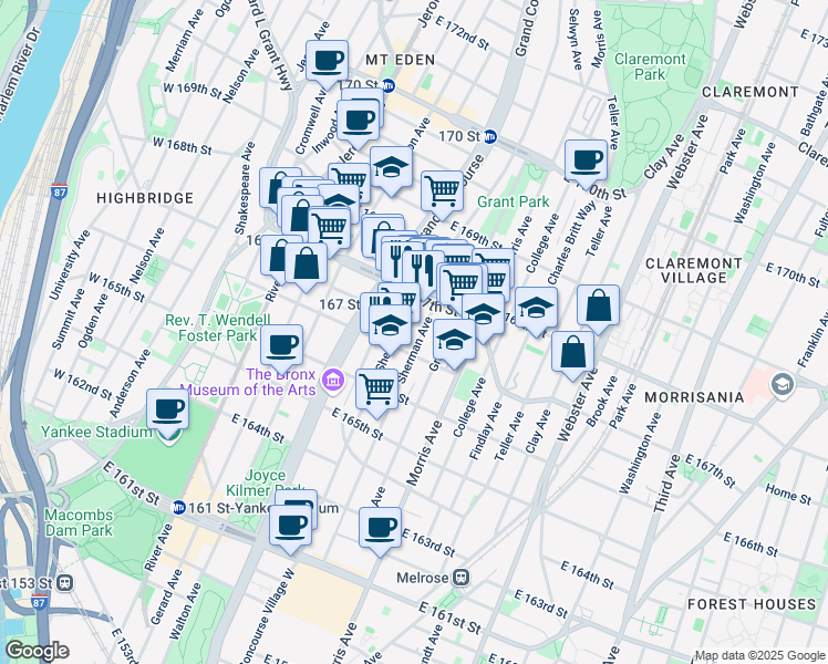 map of restaurants, bars, coffee shops, grocery stores, and more near 1162 Sheridan Avenue in The Bronx