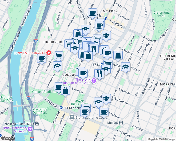 map of restaurants, bars, coffee shops, grocery stores, and more near 1100 Gerard Avenue in Bronx