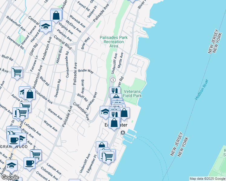 map of restaurants, bars, coffee shops, grocery stores, and more near 1122 River Road in Edgewater