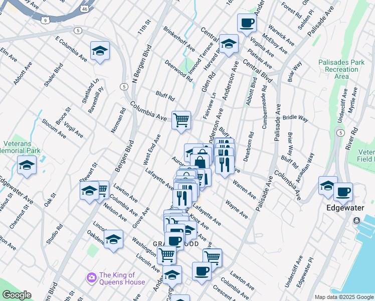 map of restaurants, bars, coffee shops, grocery stores, and more near 800 Glen Road in Fort Lee
