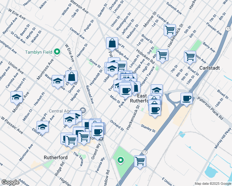 map of restaurants, bars, coffee shops, grocery stores, and more near 135 Boiling Springs Avenue in East Rutherford