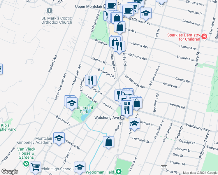 map of restaurants, bars, coffee shops, grocery stores, and more near 15 Burnside Street in Montclair