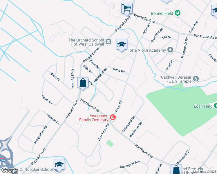 map of restaurants, bars, coffee shops, grocery stores, and more near 24 Ellis Road in West Caldwell