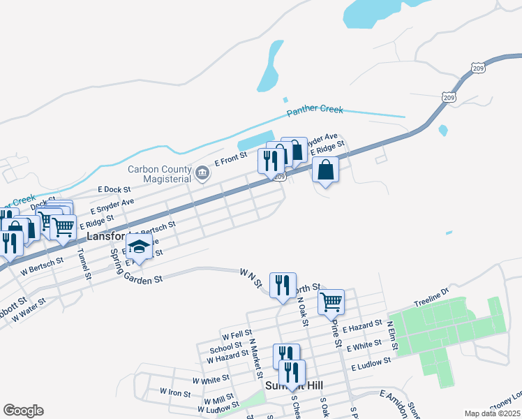 map of restaurants, bars, coffee shops, grocery stores, and more near 601 East Kline Avenue in Lansford
