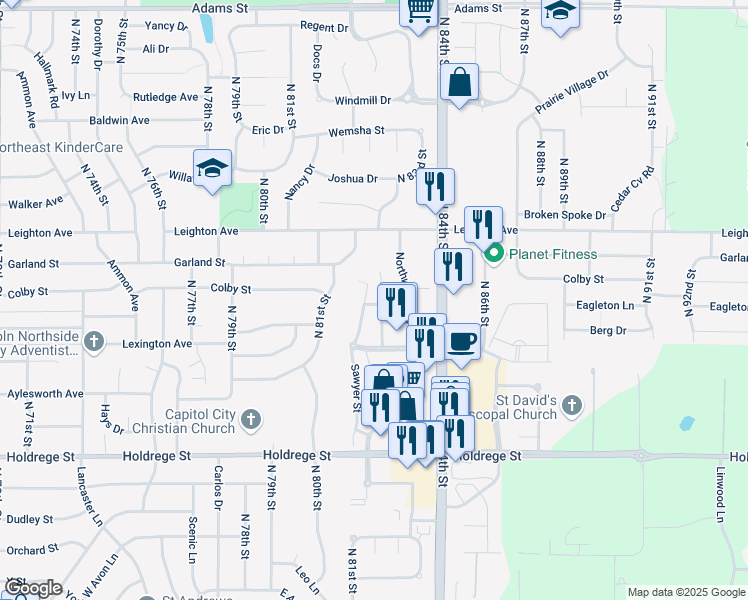 map of restaurants, bars, coffee shops, grocery stores, and more near 8106 Oshel Avenue in Lincoln
