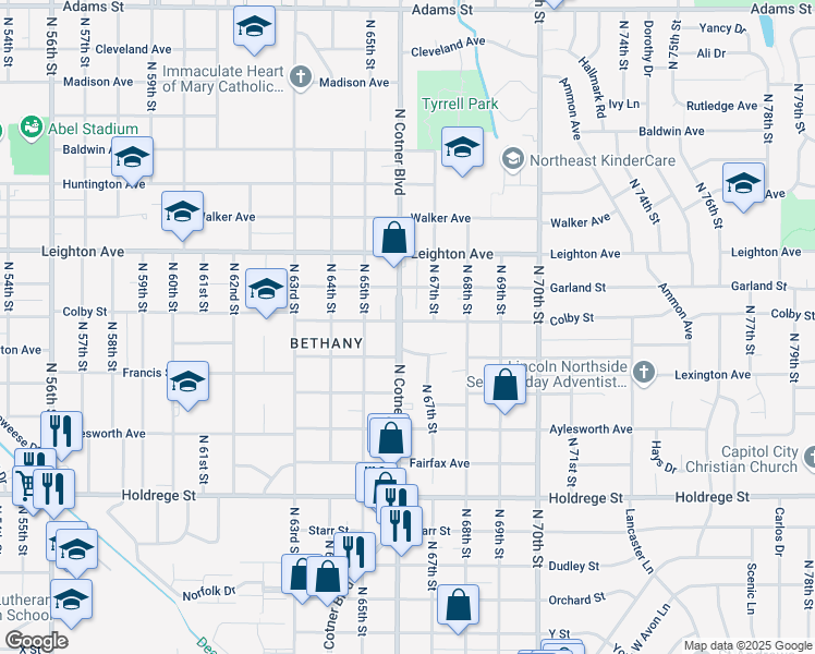 map of restaurants, bars, coffee shops, grocery stores, and more near 6601 Colby Street in Lincoln