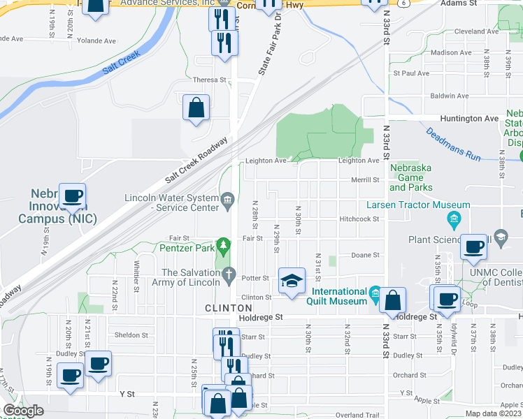map of restaurants, bars, coffee shops, grocery stores, and more near 2000 North 28th Street in Lincoln