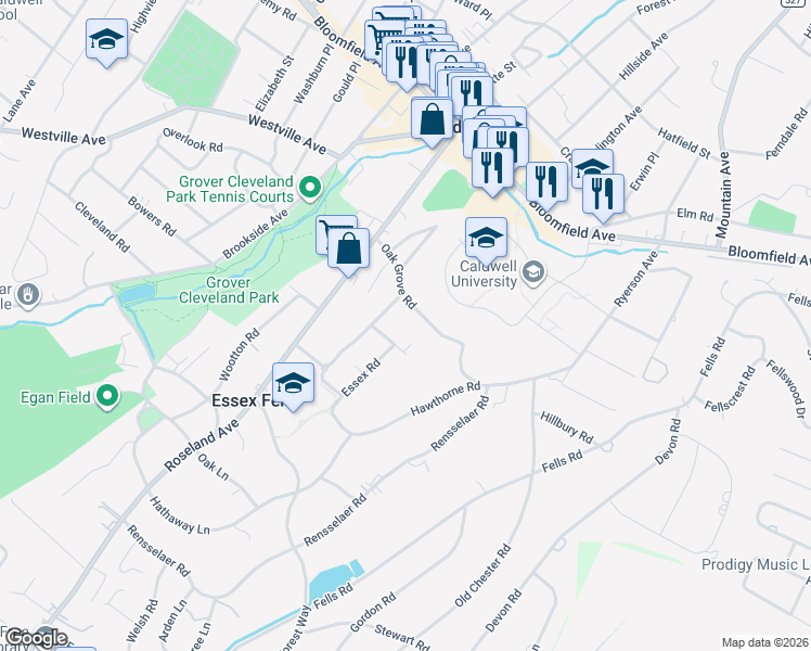 map of restaurants, bars, coffee shops, grocery stores, and more near 40 Oak Grove Road in Caldwell