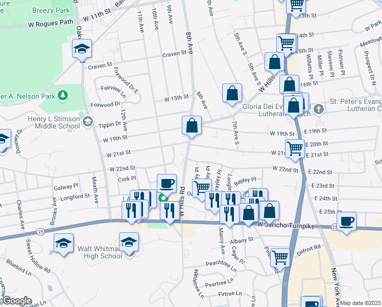 map of restaurants, bars, coffee shops, grocery stores, and more near 166 West Hills Road in Huntington Station