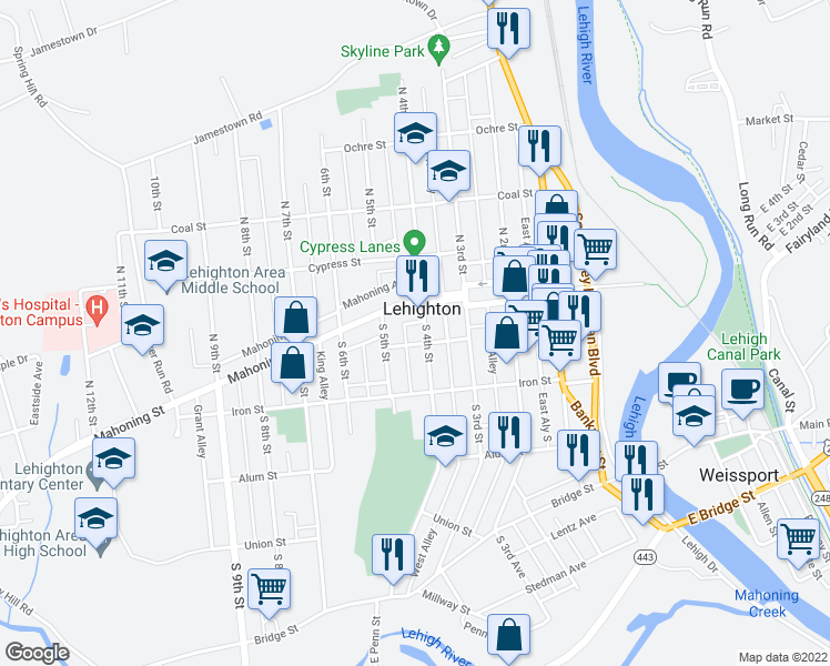 map of restaurants, bars, coffee shops, grocery stores, and more near 134 S 4th St in Lehighton