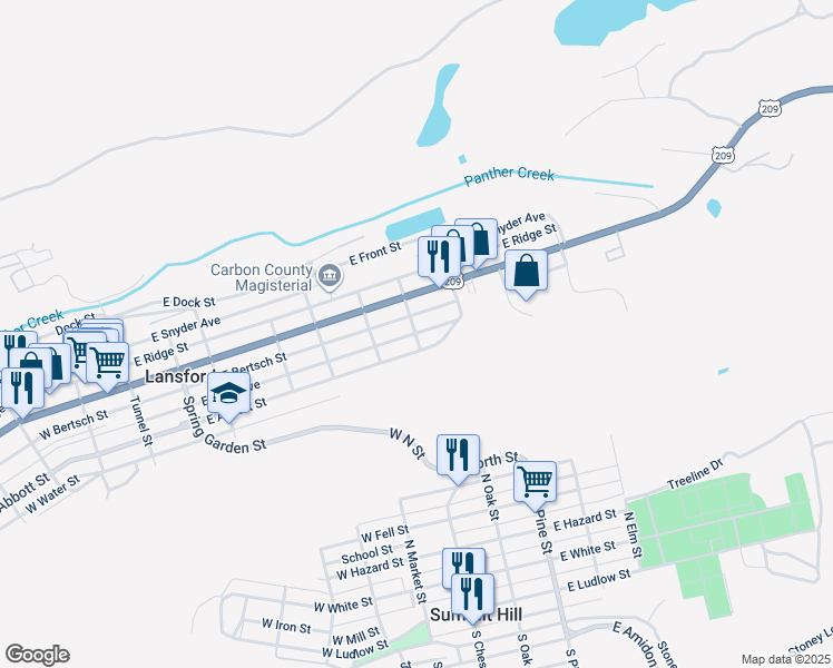 map of restaurants, bars, coffee shops, grocery stores, and more near 601 East Kline Avenue in Lansford