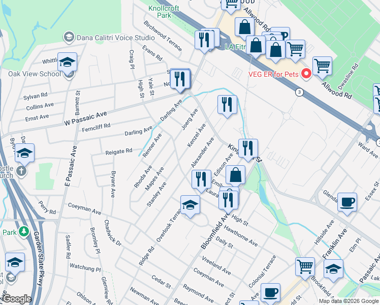 map of restaurants, bars, coffee shops, grocery stores, and more near 22 Kenzel Avenue in Nutley