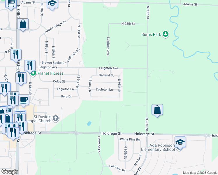 map of restaurants, bars, coffee shops, grocery stores, and more near 9340 Eagleton Lane in Lincoln