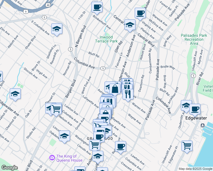 map of restaurants, bars, coffee shops, grocery stores, and more near 800 Glen Road in Fort Lee