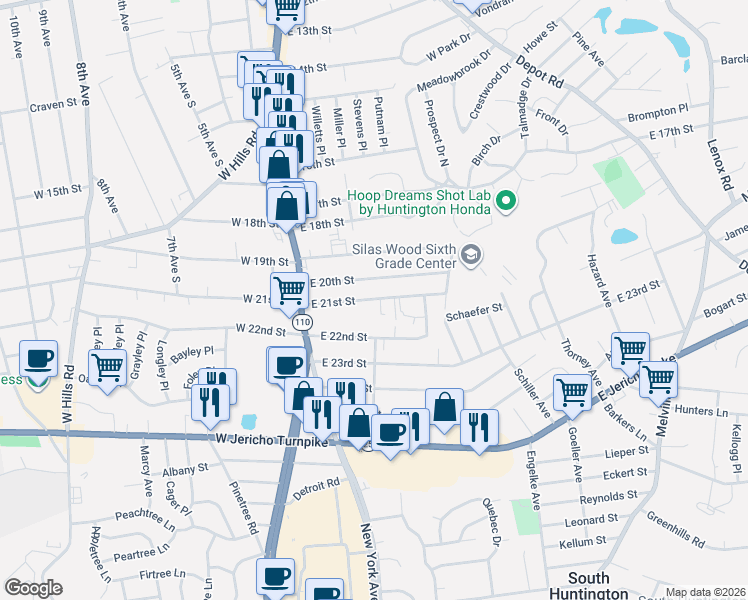 map of restaurants, bars, coffee shops, grocery stores, and more near 44 East 21st Street in Huntington Station