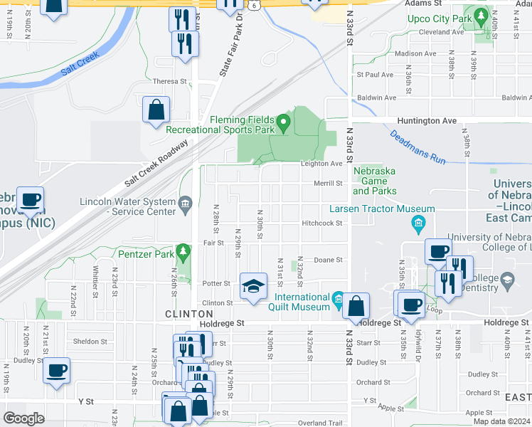 map of restaurants, bars, coffee shops, grocery stores, and more near 2024 North 30th Street in Lincoln