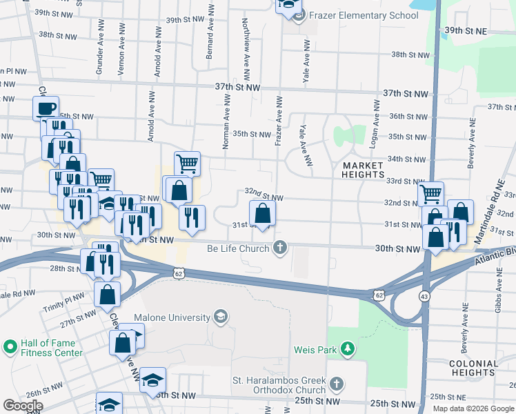 map of restaurants, bars, coffee shops, grocery stores, and more near 3130 Woodland Avenue Northwest in Canton