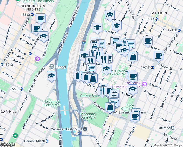 map of restaurants, bars, coffee shops, grocery stores, and more near 1004 Ogden Avenue in The Bronx