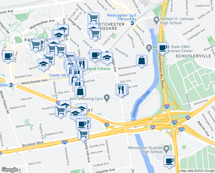 map of restaurants, bars, coffee shops, grocery stores, and more near 2338 Ellis Avenue in Bronx